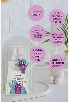 INCIA%100 Doğal Köpük Kastil Sabunu Çocuklar İçin Zeytinyağlı 10 Bitkisel Değerli Yağ Vegan 200 ml
