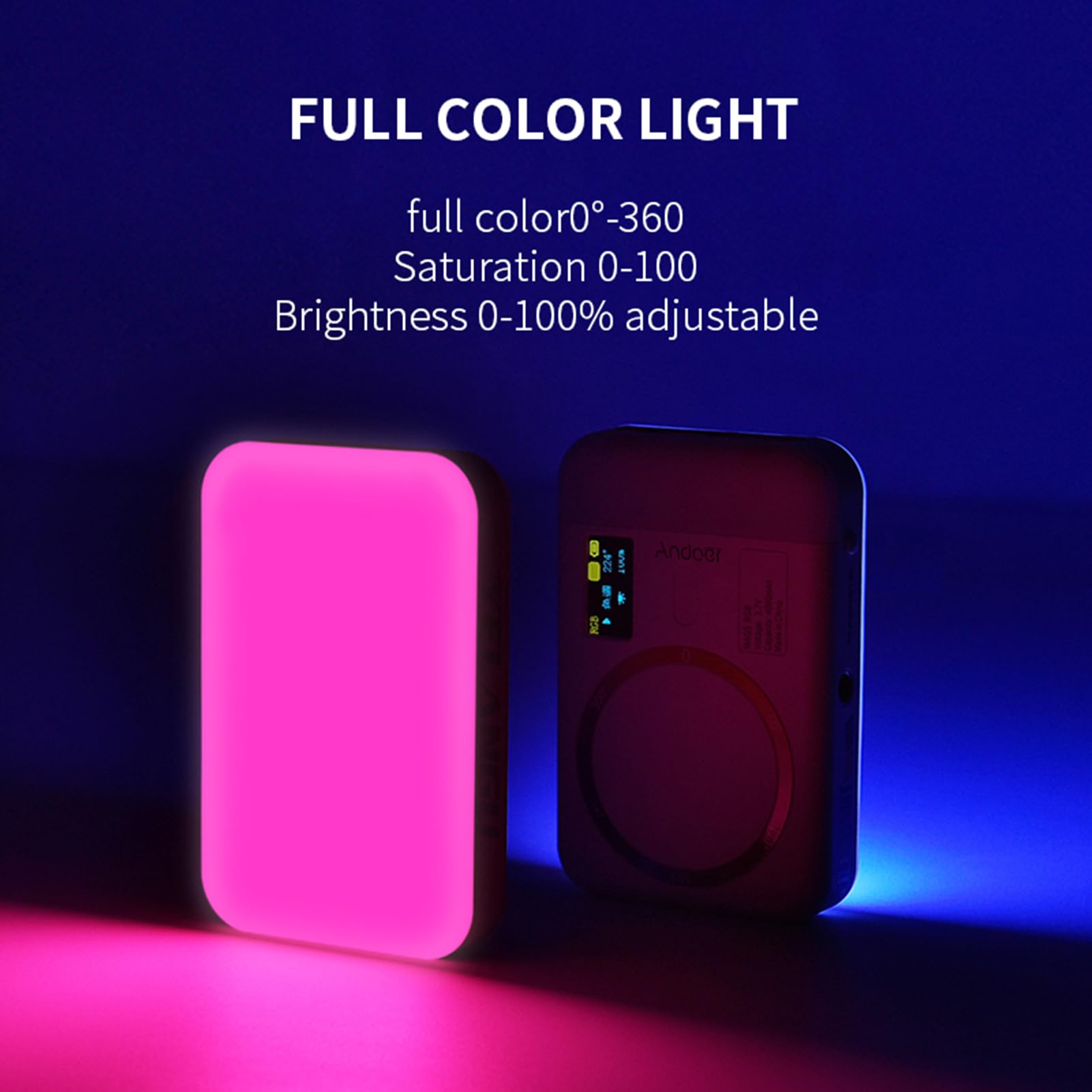 Andoer CC5 lampa wideo RGB, lampa wideo LED 2500 K – 9000 K, dwustronne światło fotograficzne, ściemniane światło do telefonów z aparatem, 26 efektów scenerii, wbudowany akumulator z adapterem zimnego