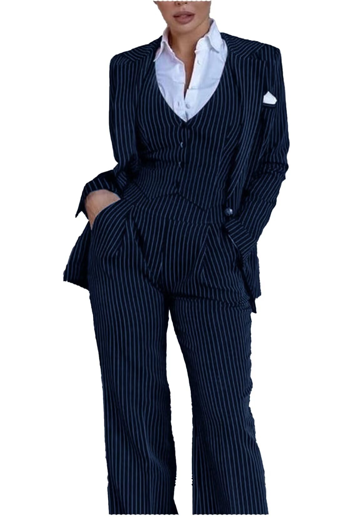 Womens 3 Piece Stripes Suit Set Slim Fit Blazer Jacket Vest Pant Business Outfits