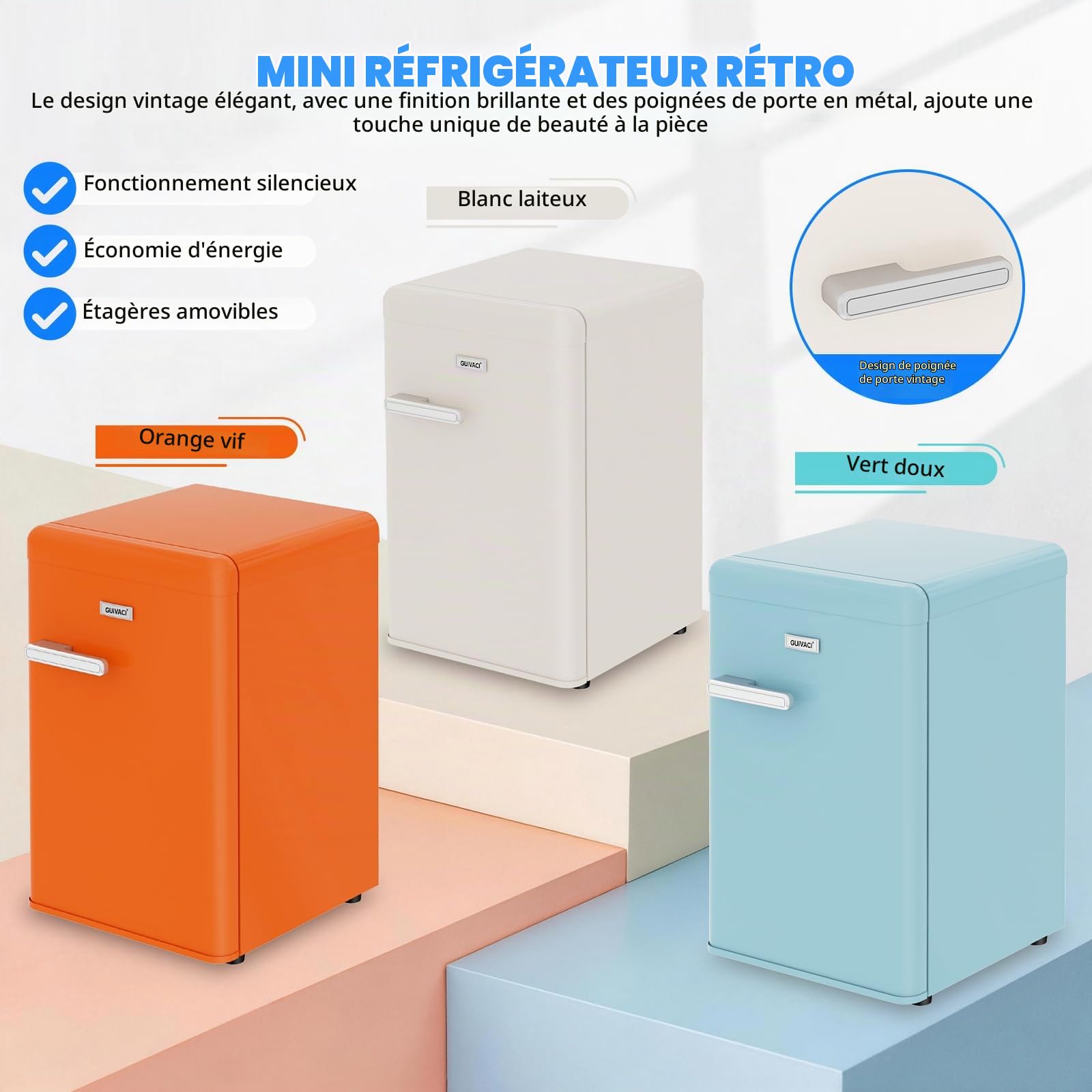 Mini Réfrigérateur Rétro 72L – Silencieux 43 dB, Design Vintage avec LED, 7 Niveaux de Température, pour Chambre, Bureau, Cuisine & Bar(vert)