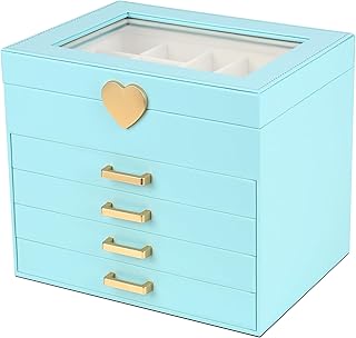 Kendal Kendal Jewelry Box, 5-Layer Jewelry Organizer Box with Glass Lid, Blue, Heart Shaped PU Leather, Storage Box for Necklace Earrings Rings Bracelets, Gift Idea for Girls LJC4DRBL