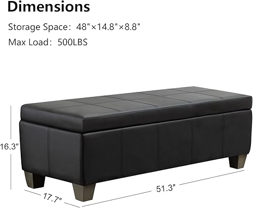 Miniatura 28 de Otomana de piel sintética negra con almacenamiento, banco rectangular extra largo de almacenamiento para dormitorio y sala de estar Negro