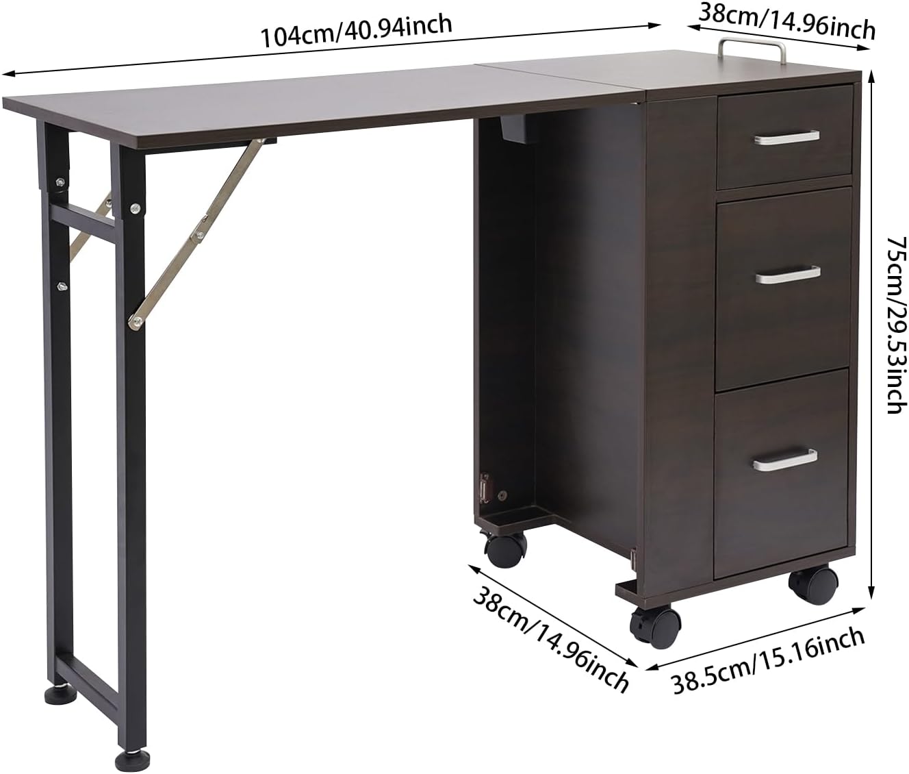 Rolling Manicure Table with Foldable Top and 4 Lockable Wheels, 3-Tier Storage Drawers Nail Art Desk, Beauty Salon Station, Mobile Makeup Tables for Small Spaces, Easy Assembly (Brown)