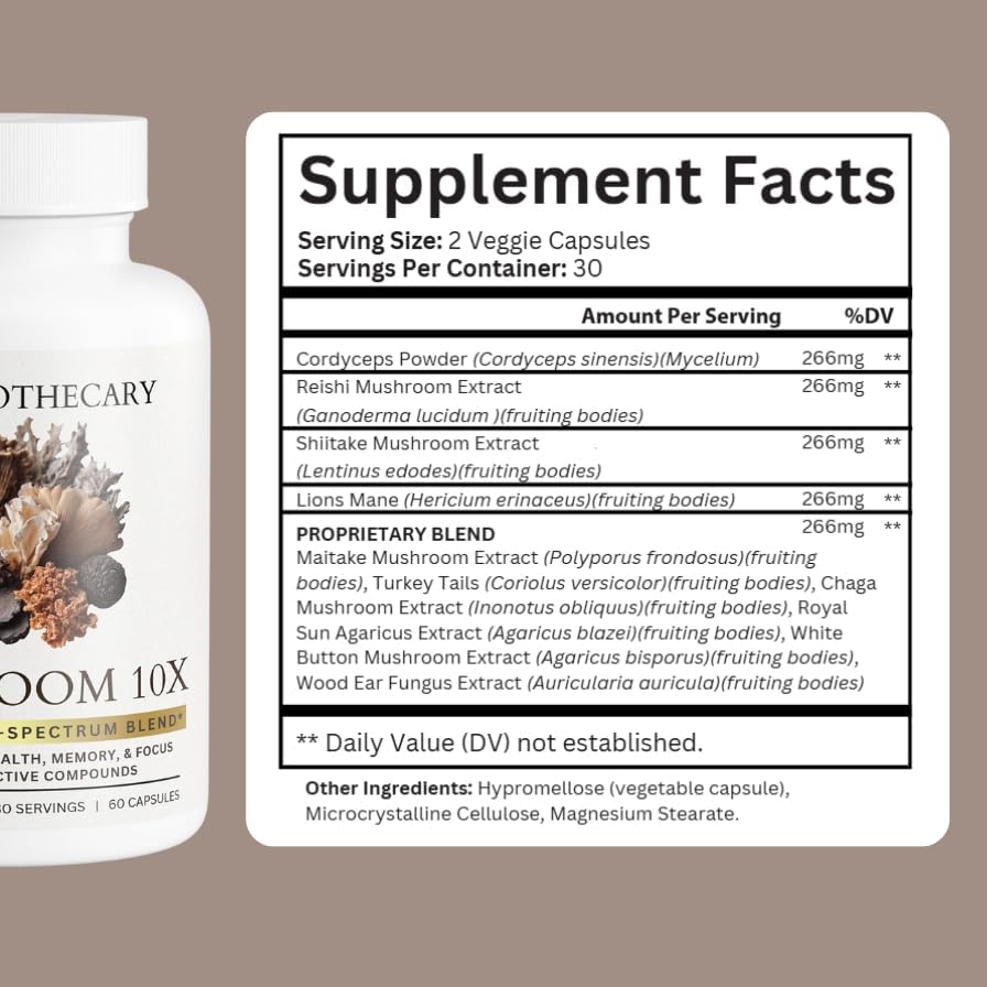 Miniatura 4 de Suplemento de hongos superior de hongos 10 veces - Cápsulas complejas de hongos nootrópicos, todo natural, apoya los suplementos cerebrales para el