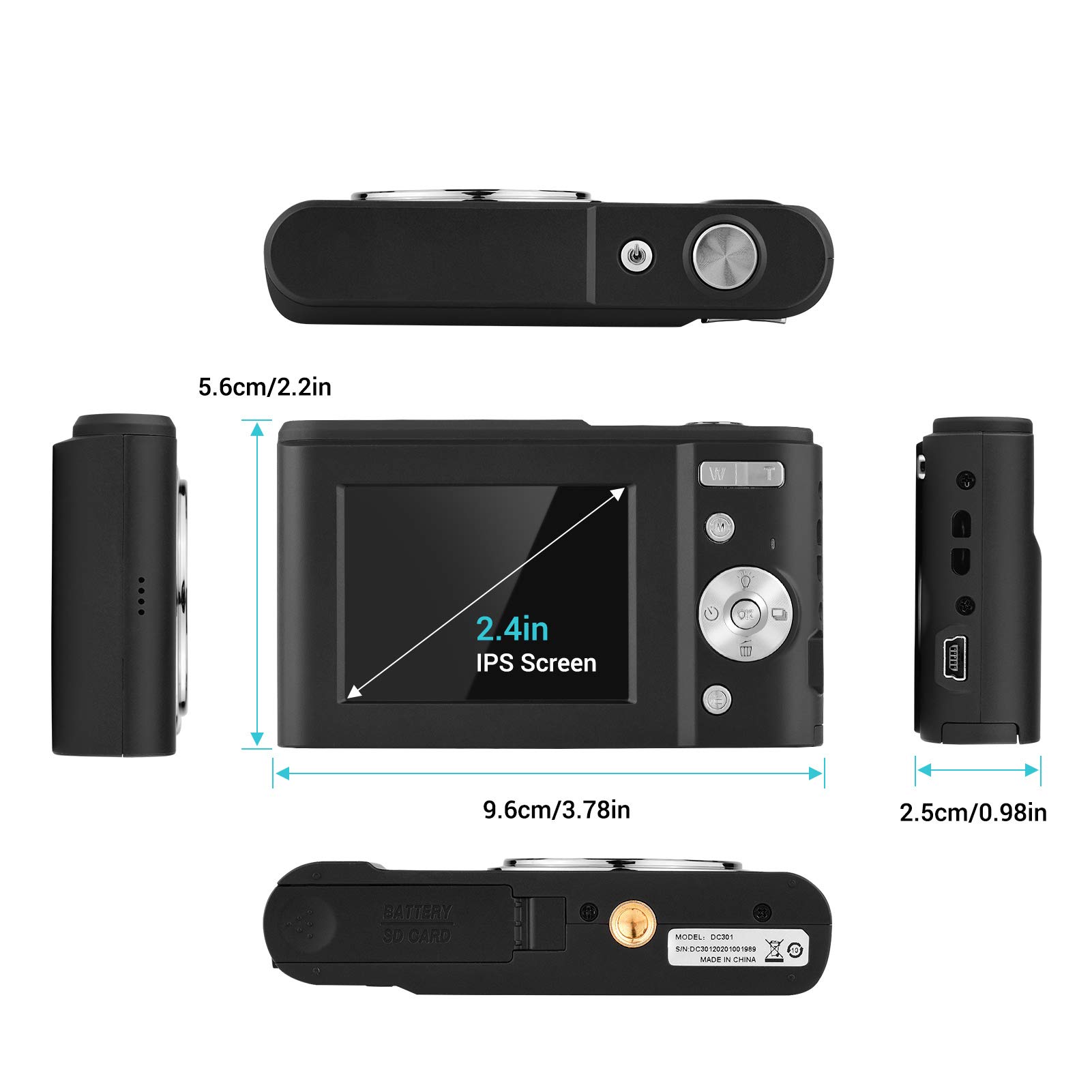 Andoer Aparat cyfrowy 48 MP 1080p 2,4-calowy ekran IPS 16-krotny zoom autofokus samowyzwalacz 128 GB rozszerzona pamięć, rozpoznawanie twarzy, funkcja anti-shaking z 2 bateriami, pasek na rękę, torba do przenoszenia