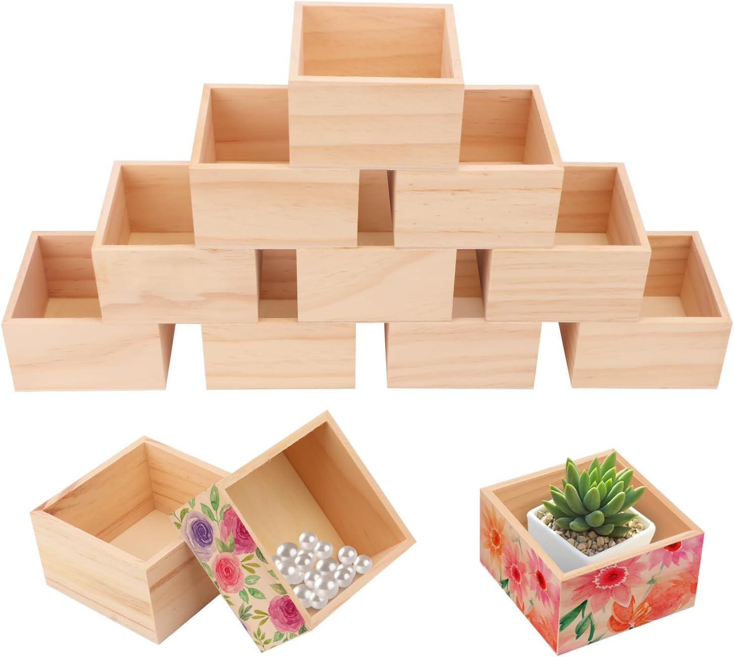 24-Pack Wooden Box, 4 x 4 Inch Unfinished Small Square Wood Organizer Storage Boxes, Rustic Wooden Box, small wooden crates, Ideal for Crafts and Decoration Succulents