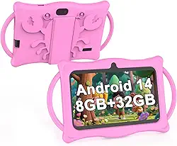 BYANDBY Tablet infantil 2025, tablet Android 14 de 7 polegadas para crianças, 8 GB + 32 GB de ROM + 1 TB expansível Quad-Core com capa à prova de choque, BT, WiFi, controle parental, câmera dupla