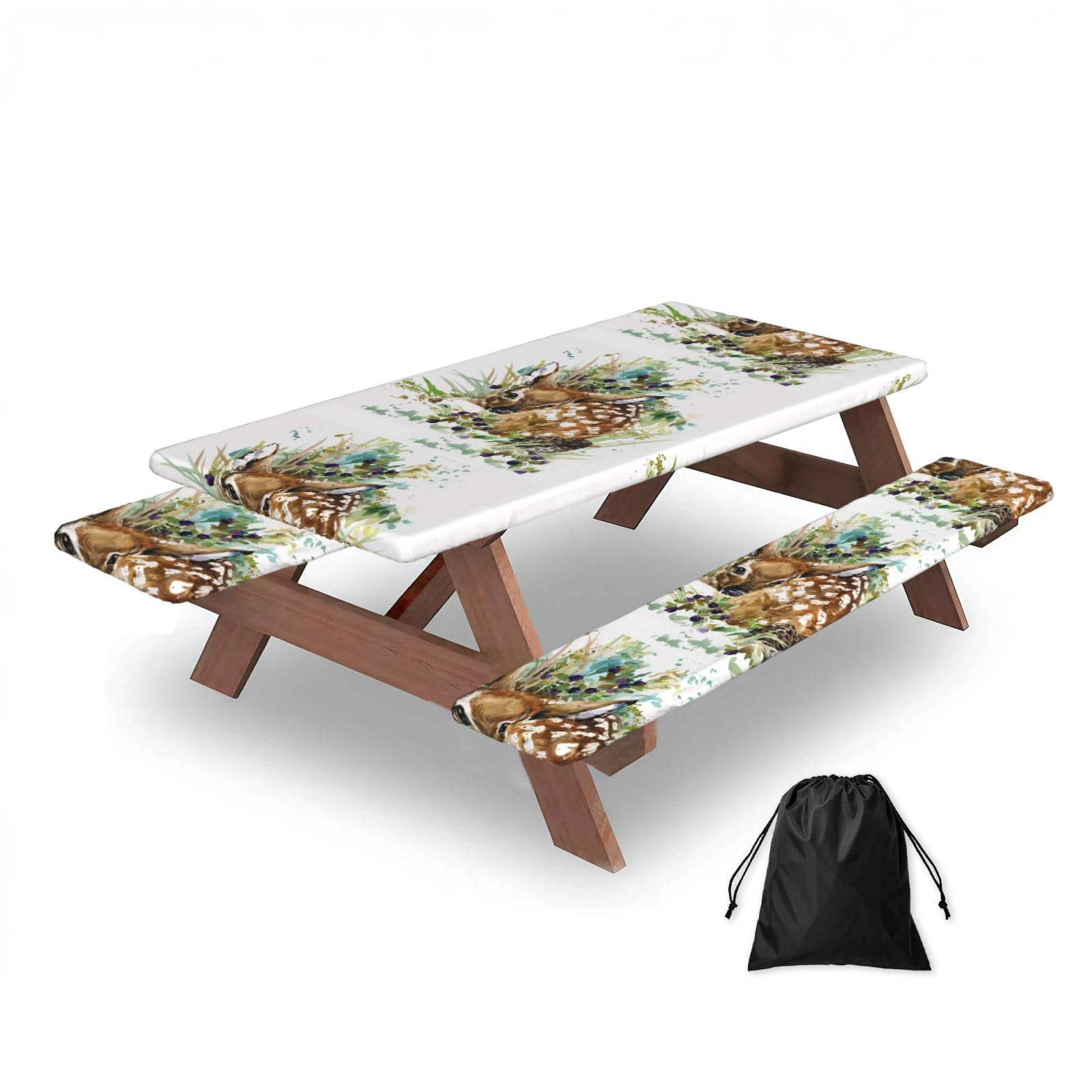 Dopklna As Picture Watercolor Wildlife Deer, Picnic Table Cover With Bench Covers -Waterproof Elastic Fitted Tablecloth For Garden Camping Patio 76X152cm