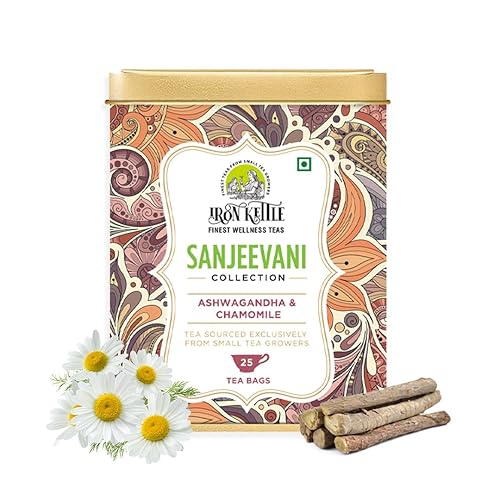 Iron Kettle Colección Sanjeevani  Estrés y sueño  Ashwagandha y manzanilla  Té verde de hierbas con Ashwagandha, regaliz, flor de manzanilla, flor