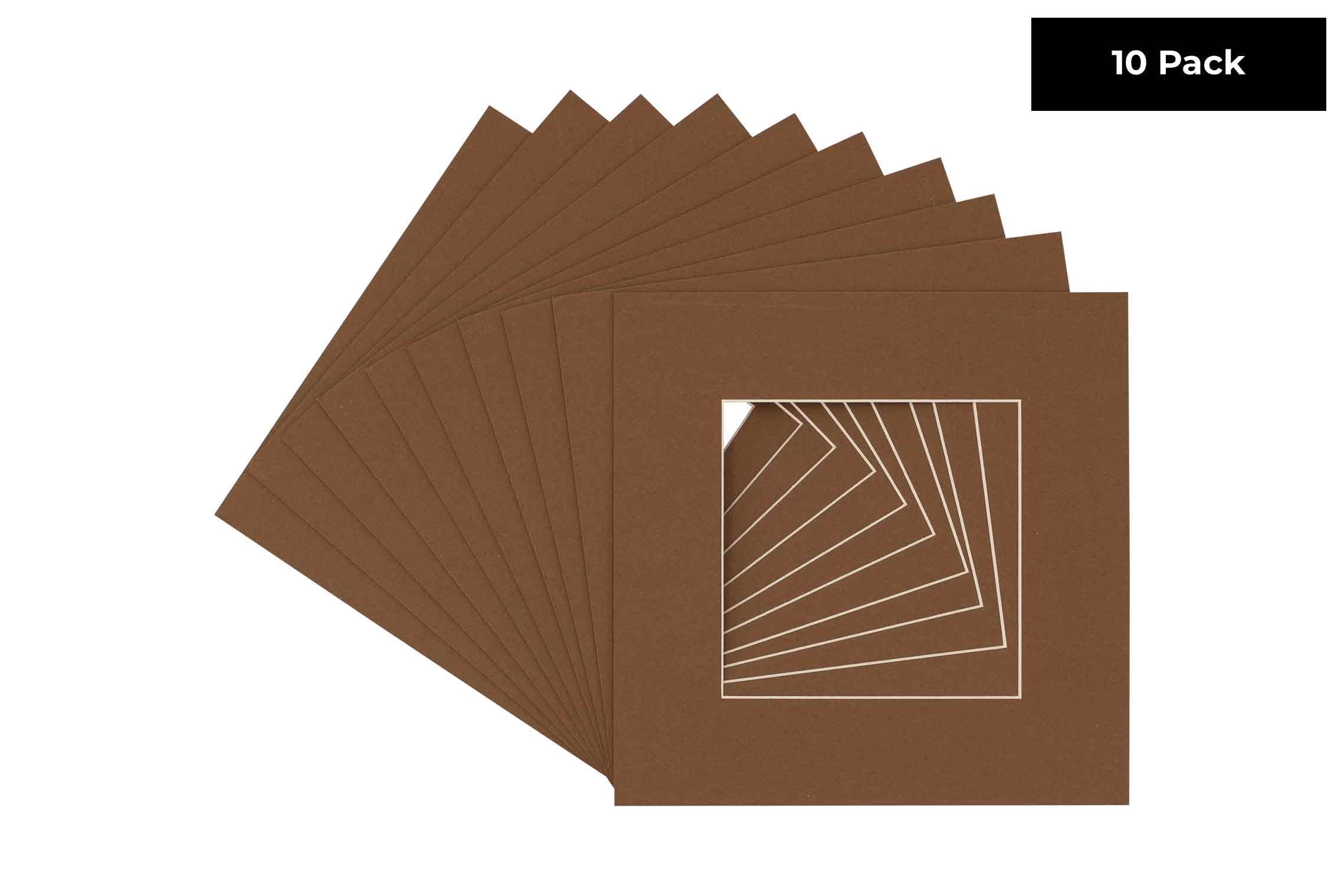 CountryArtHouse Aged Oak Brown Acid Free 8x8 Square Picture Frame Mat with White Core Bevel Cut for 4x4 Pictures - Fits 8x8 Frame - Pack of 10 Matboard Show Kits with Acid Free Backings & Clear Bags