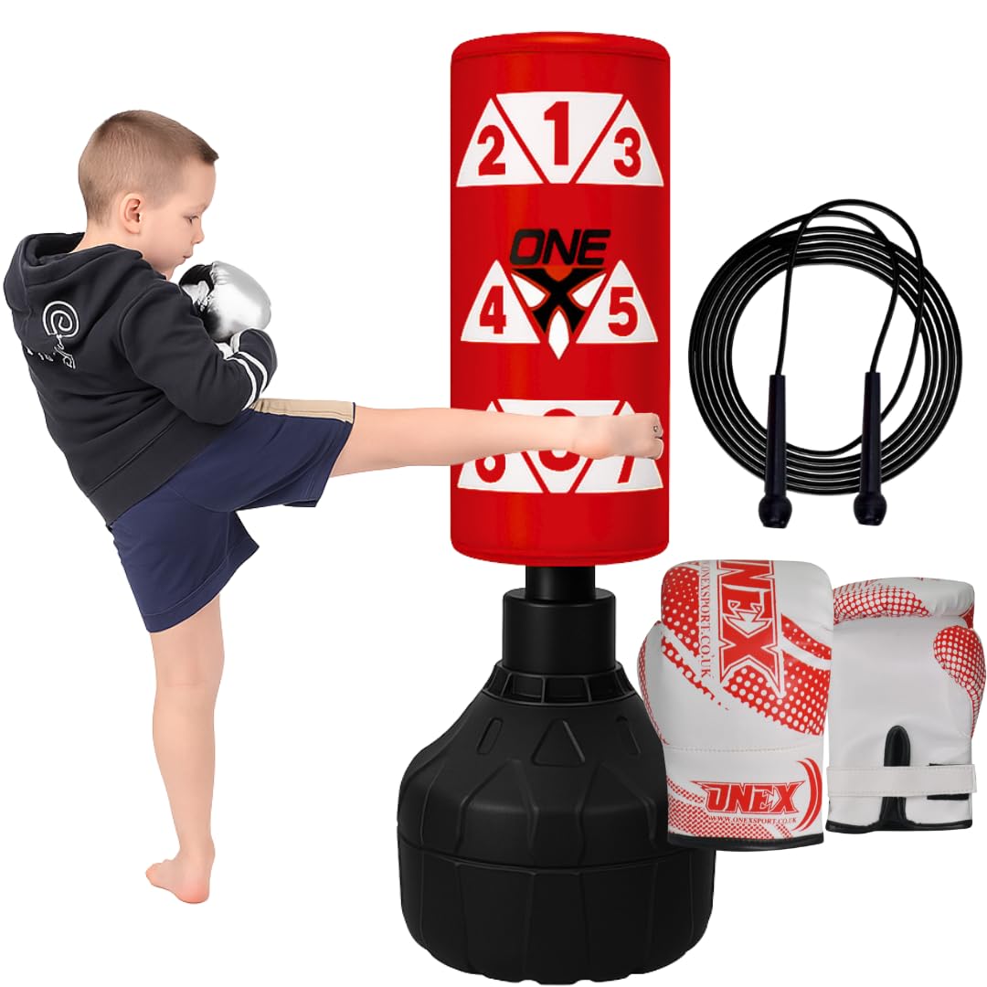 Onex Kids Punch Bag & Gloves Set – 3.5FT Free Standing Boxing Bag for Children Age 4–15 – Indoor/Outdoor Fitness, Training & Active Play