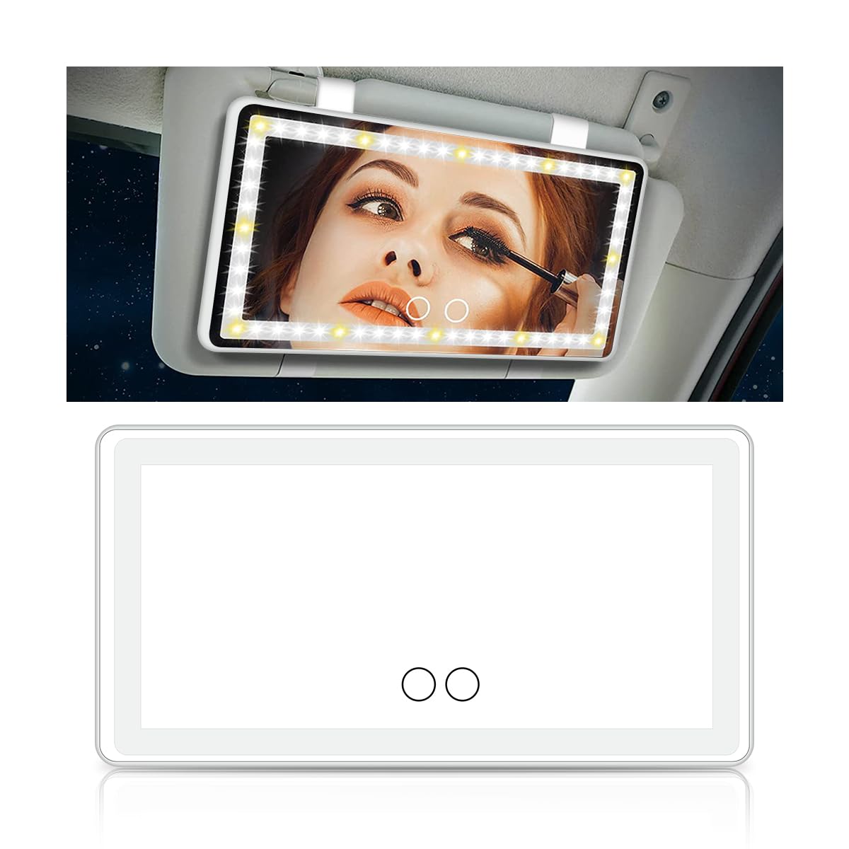 Mandark Espejo de tocador para automóvil, espejo de maquillaje recargable para vehículo con 3 modos de luz y 60 LED, espejo cosmético de pantalla táctil regulable, accesorios de viaje para automóvil,