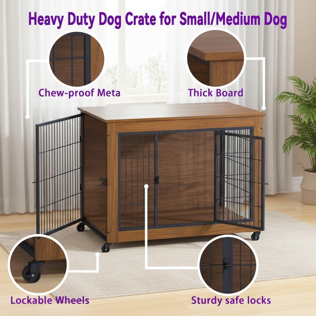 38.6'' Dog Crate Furniture with Movable Lockable Wheels & Ventilation Design, Dog Kennel with Side Table Top & Secure Slide-Locks for Small Medium Dogs Indoor, Brown