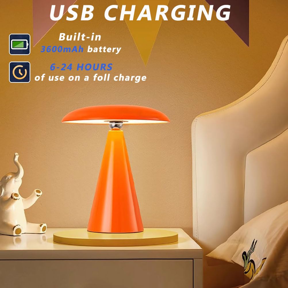 LED tafellamp draadloze dimbare Touch paddestoel tafellamp USB oplaadbare afneembare bed lampen Magnetische bed leeslamp voor slaapkamer woonkamer kantoor, oranje