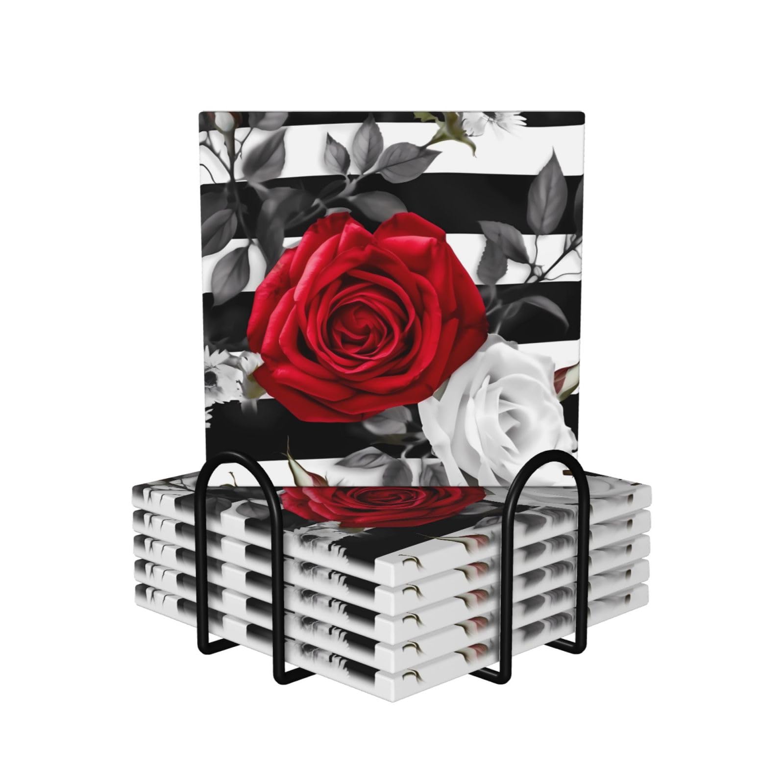 6Pcs Drink Coasters with Holder, Black White Stripes Red Rose Flowers Coasters for Drinks Ceramic Absorbent Coasters Set with Cork Base Heat-Resistant