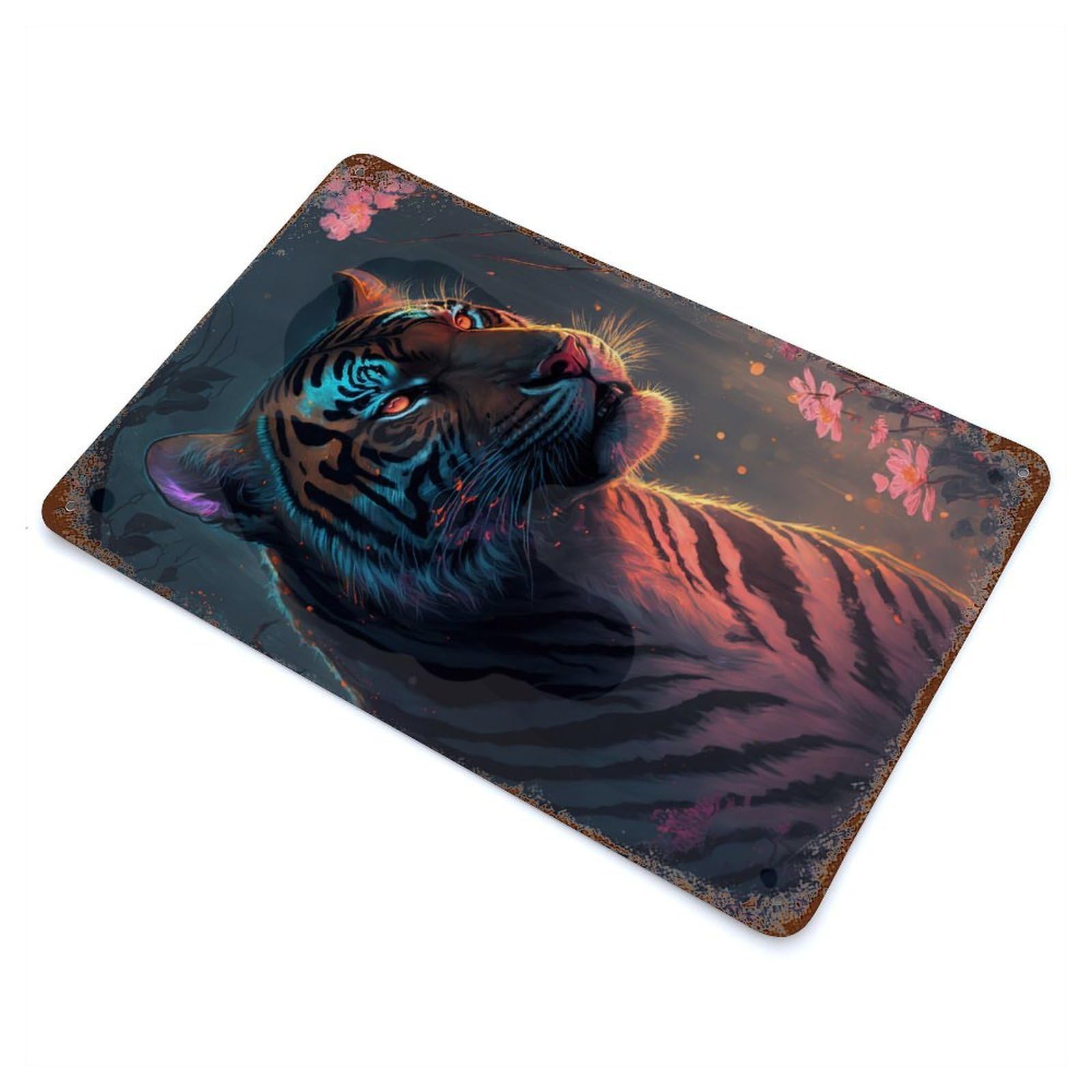 Neon Tiger Rust Effect Tin Sign 11.8"x7.9", Industrial Home Decor for Garage, Bar And Workshop Decor