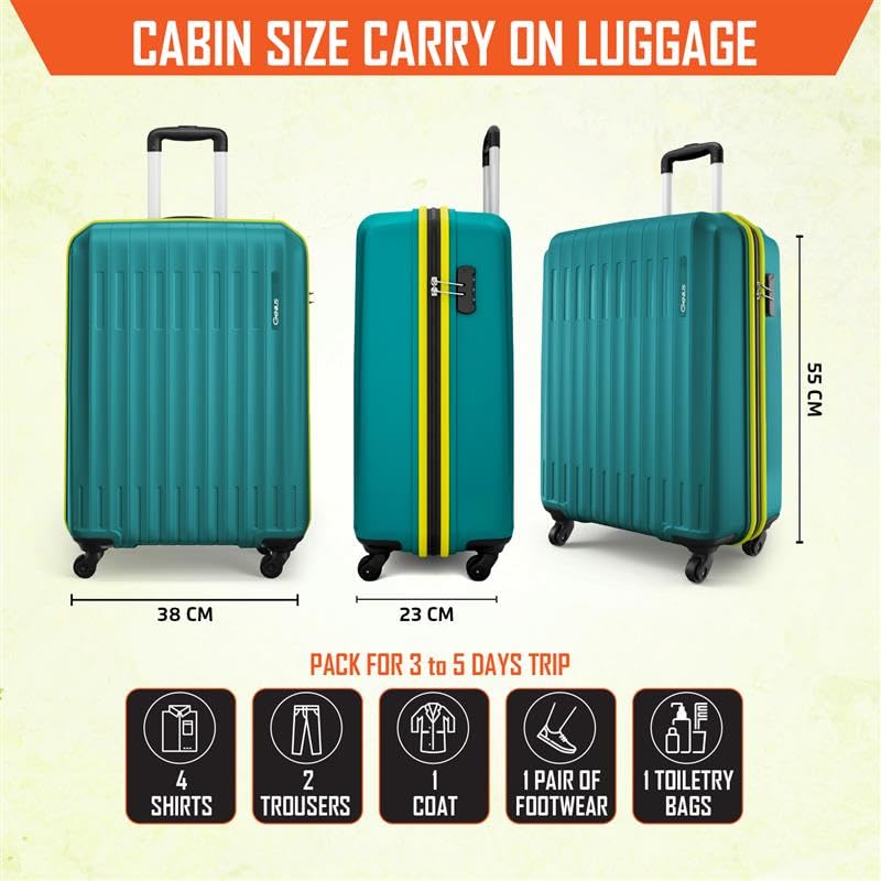 Image of Safari Cabin Genius Alley 55cm Trolley Bag Hard Case Polypropylene, 4 Spinner Wheels, 360 Degree Wheeling Carry on Luggage, Travel Bag, Suitcase for Travel, Trolley Bags for Travel, Teal Green