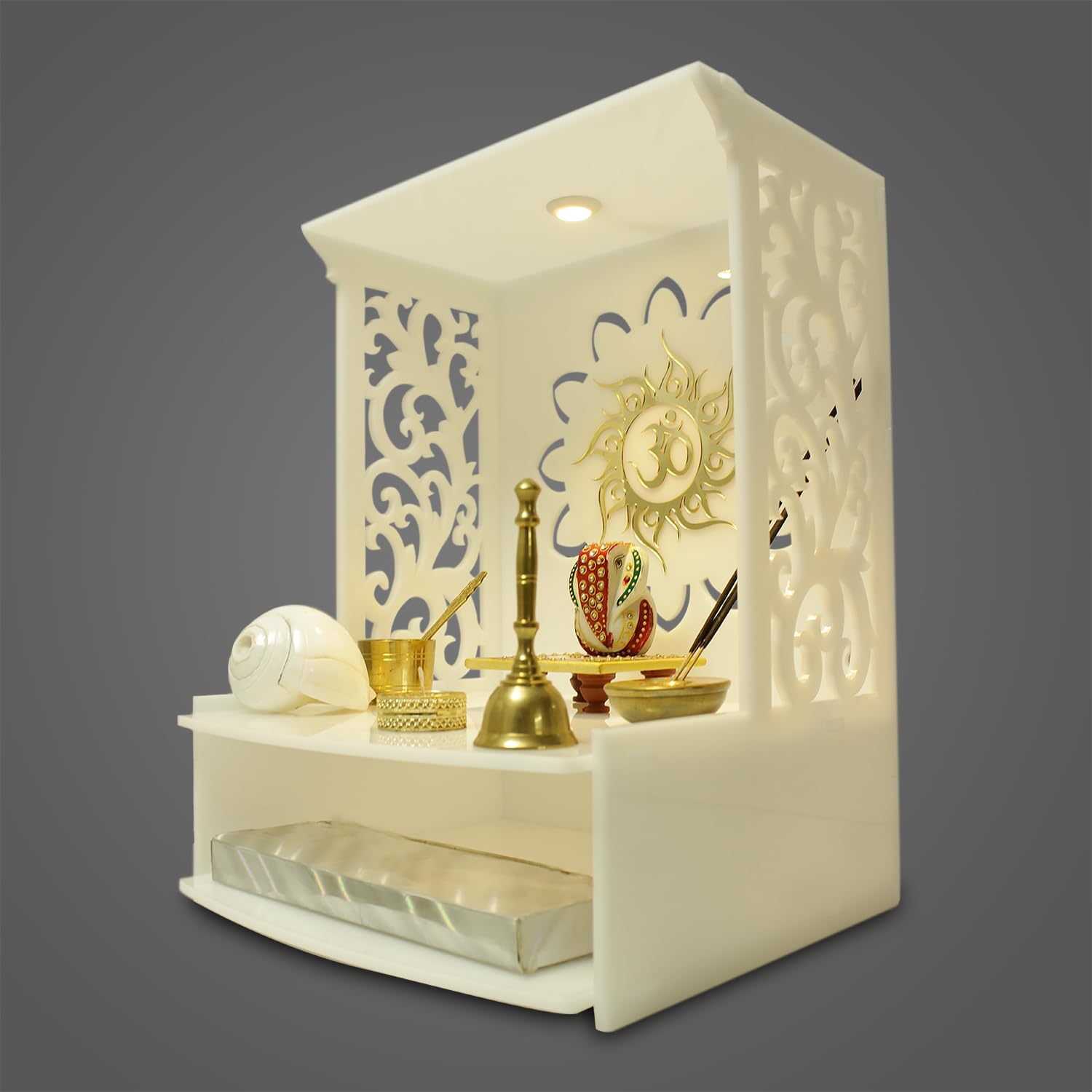 Puja Mandir - Puja Mandir in acrilico per casa e ufficio, montaggio a parete con faretto a LED, dimensioni (H- 15,5, L- 11,5, W-28 cm)