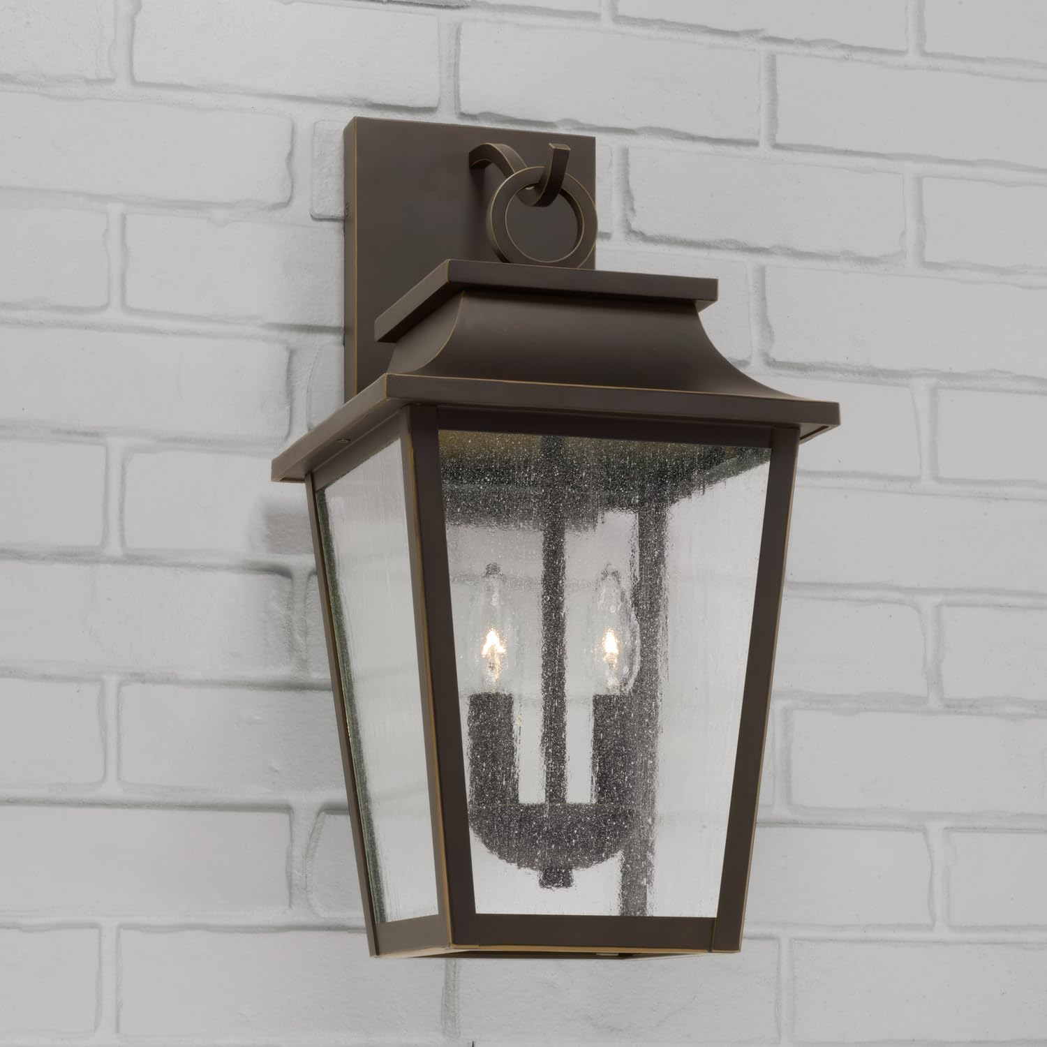 Capital Lighting 953321OZ Chandler Transitional Antiqued Glass Outdoor Wall Lantern, 2-Light 120 Total Watts, 20" H x 10" W, Oiled Bronze