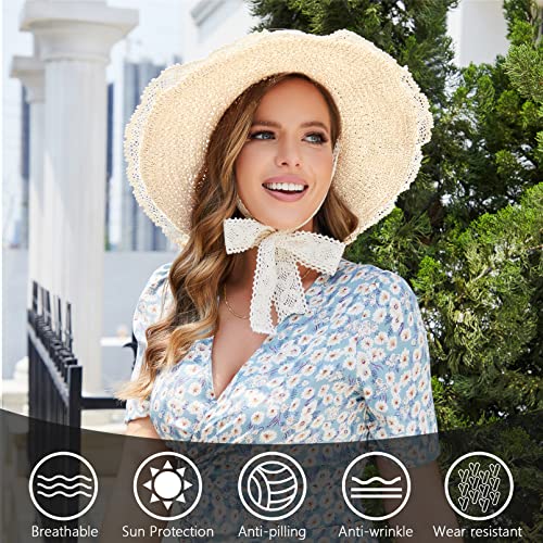 Rainflowwer Women's Spring&Summer Straw Hat With Lace Trim, Straw Sun Hat, Woven Wide Brim Hat Foldable Roll Up Floppy Beach Bucket Hats,Sun Protective Accessories (Beige) #TOP1