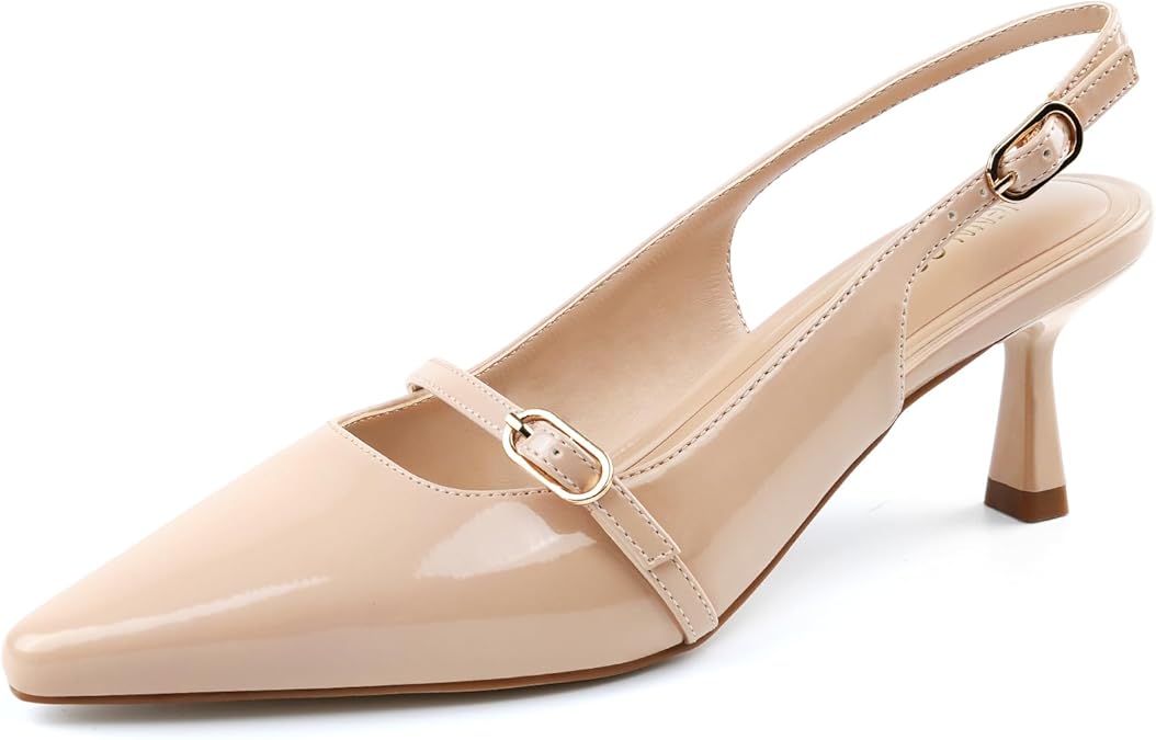 JENN ARDOR Slingback Low Kitten Heels for Women Dress Shoes Pointed Closed Toe Stiletto Sandals Bridal Wedding Party Office Work Pumps