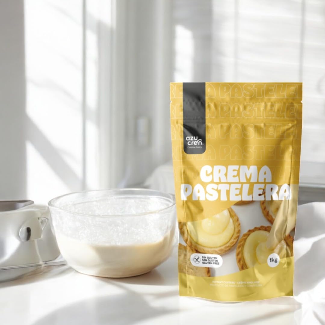Azucren, Crema Pastelera en Polvo, Perfecta para Rellenos, Hojaldres, Tartas, Fácil de Usar, Solo Añadir Agua, 500 Gramos de Agua por 200 Gramos de Producto, 1 Kilo