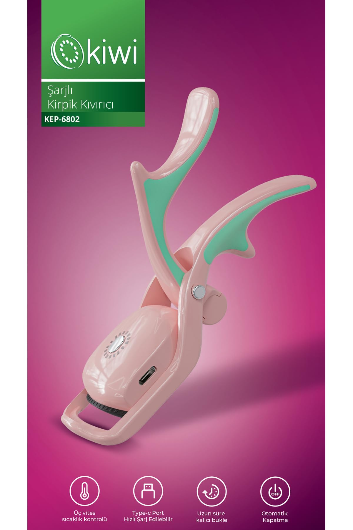 Kıwı Kep-6802 3 Isıtma Kademeli Şarjlı Kirpik Kıvırıcı Pembe