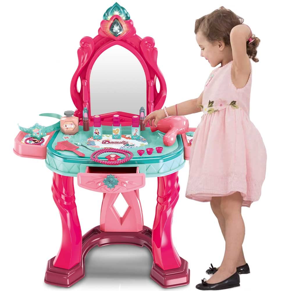 BAKAJI Specchiera Giocattolo per Bambine con Anta Porta Singola Specchio Set Bellezza Make Up Mobile e Accessori Realistici Gioco con Luci e Suoni con Cassetto Contenitore Sicuro Robusto