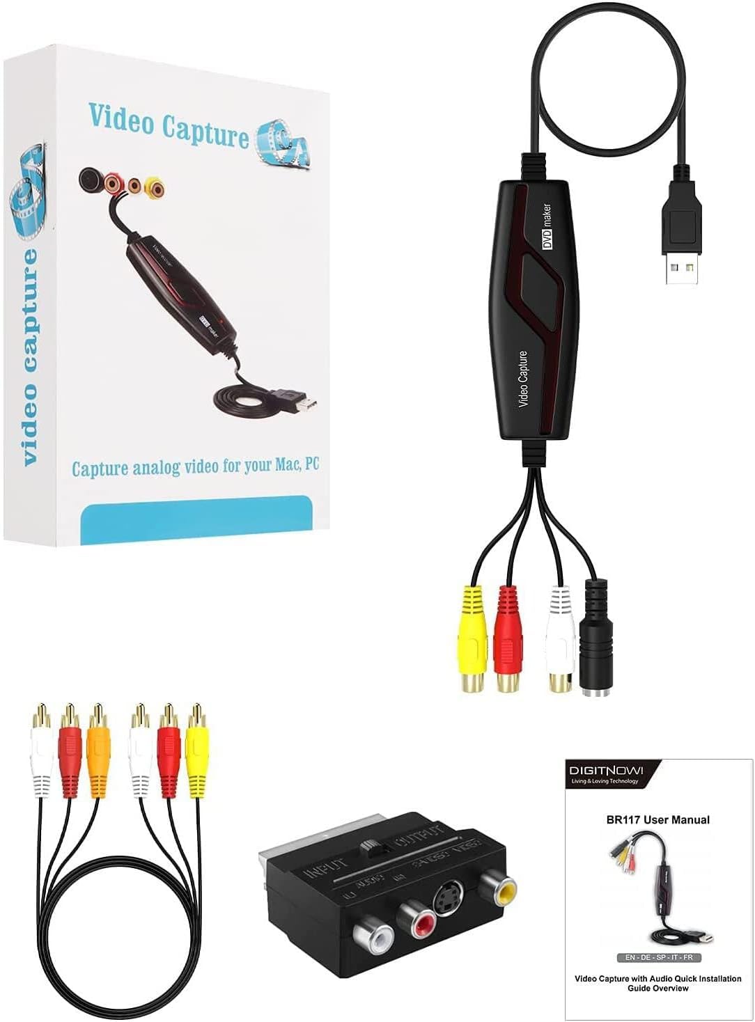 Scheda di acquisizione video Capture Card, HD 1080P Scheda di acquisizione USB 2.0, Video Grabber per RCA a USB-Convertire VHS VCR Hi8 Mini DV a digitale, per PC, TV, lettore a nastro, videocamera