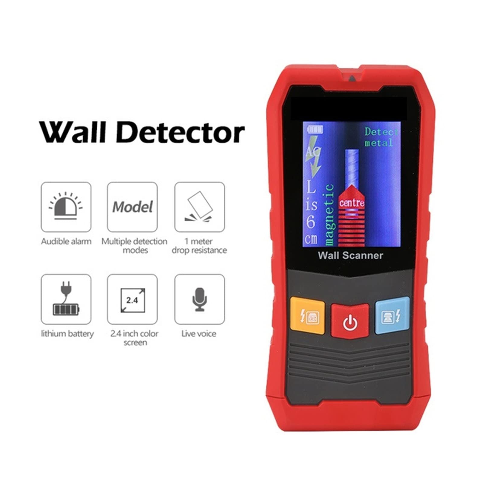 Detector de Montantes Escáneres de Pared Detección 4 en 1 CA/Objetos Metal/Madera/Cable/batería Iones Litio