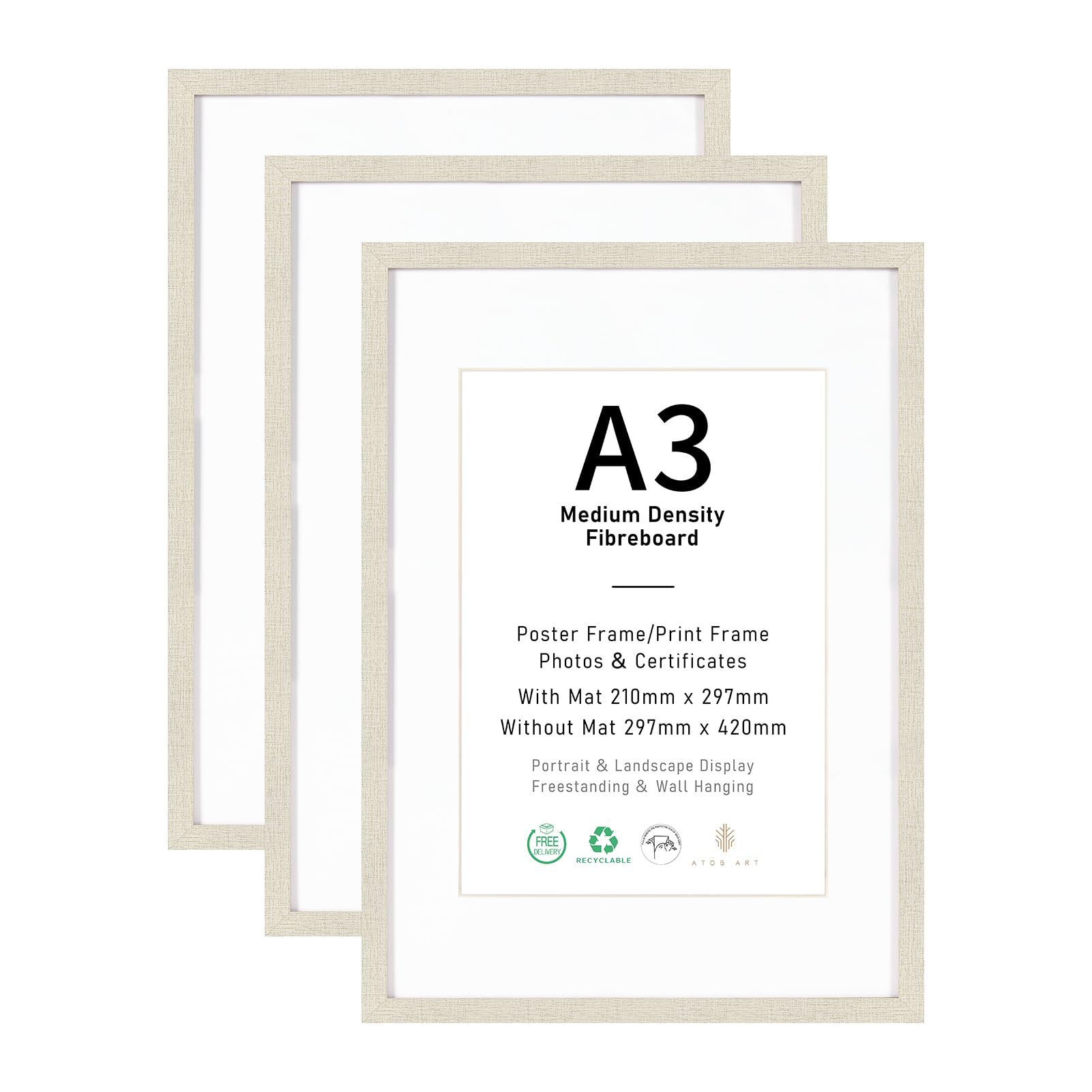 A3 Picture Frame Set of 3, Display A4 with Mat or A3 without Mat, Linen White Photo Frames for Wall Mounting or Table Top Display