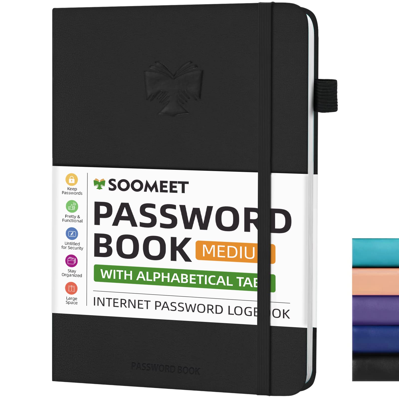 WEMATE Password Book With Lock, Password Book With Alphabetic Tabs, 600 Password Space, Password Organiser, Logbook With Lock (Black-1 - View #2