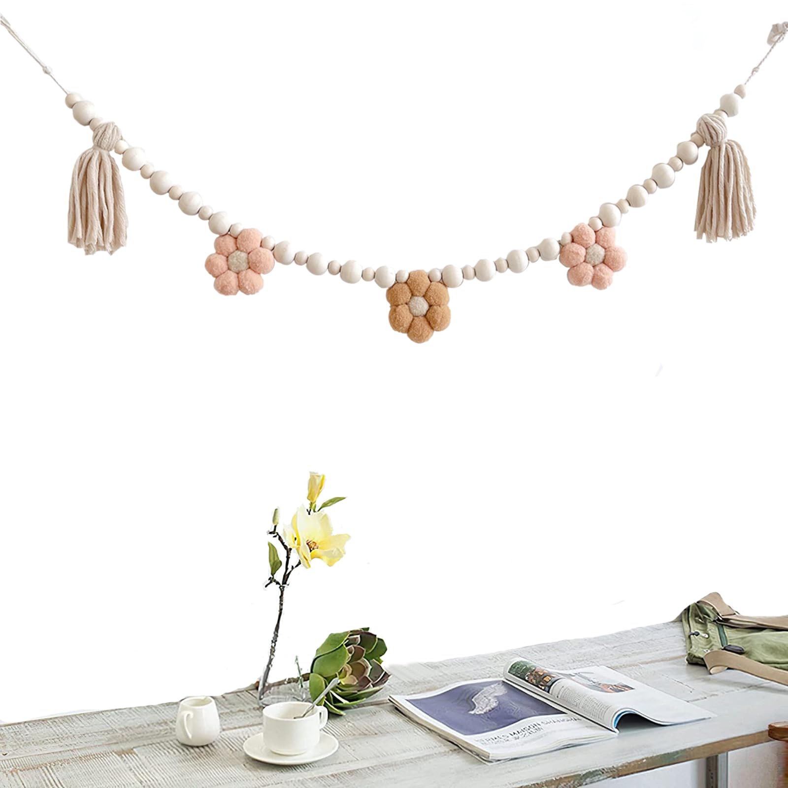 TTFdacai 1 Pcs Boho Tassel Garland with Wooden Beads, Daisy Wooden Tassel Garland Decor for Farmhouse Wall Classroom Daisy Birthday Party Banner Baby Shower Decoration