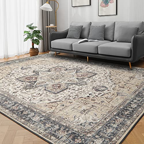 Area Rug Living Room Rugs: 8X10 Large Soft Bedroom Carpet Non Shedding Washable Farmhouse Boho Moroccan Throw Accent Rug For Kitchen Dining Room Home Office Under Table Floor - Beige/Dark Blue #TOP2