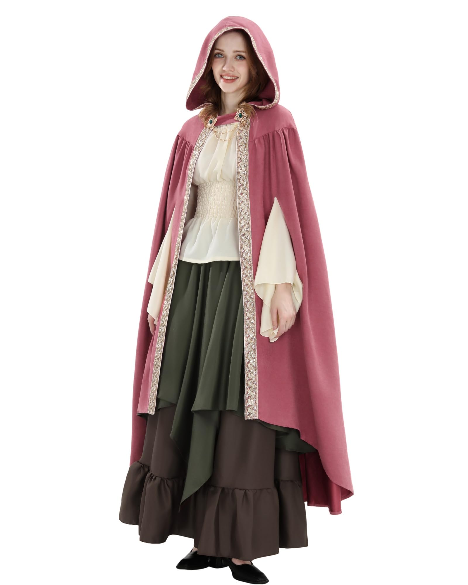 Fiamll Mittelalter Umhang Damen Kapuze Mantel mit Manschette Einfarbige Trenchcoat Renaissance Vampir Umhang Cape Halloween Kostüm