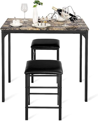 FANTASK Juego de mesa de comedor de 3 piezas para 2, mesa de cocina pequeña con 2 taburetes de cuero sintético, juego de mesa y sillas de altura de