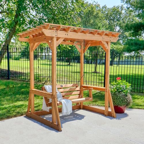 Image of Backyard Discovery Callahan 8' x 5' Cedar Wood Outdoor Patio Pergola Swing Bench with Trellis, Two-Person Seating, Chains, Water Resistance, 600 Lb Weight Capacity for Porch, Patio, Deck, Garden