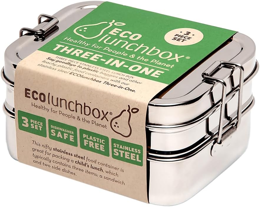 ECOlunchbox Three-in-One Stainless Steel Bento Box (31oz) – 3 Piece Nesting Lunch Container with Snack Pod – Plastic Free, Non Toxic, Dishwasher Safe, Not Leak-Proof