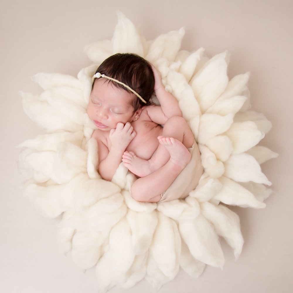 D&J Handcraft Newborn Photography Props 100% Wool Blanket Baby Photo Basket Props Stuffer Filler Mat, Fox tail Shape Fluffy Quality Soft Total Diamater 25.6INCH MILK WHITE