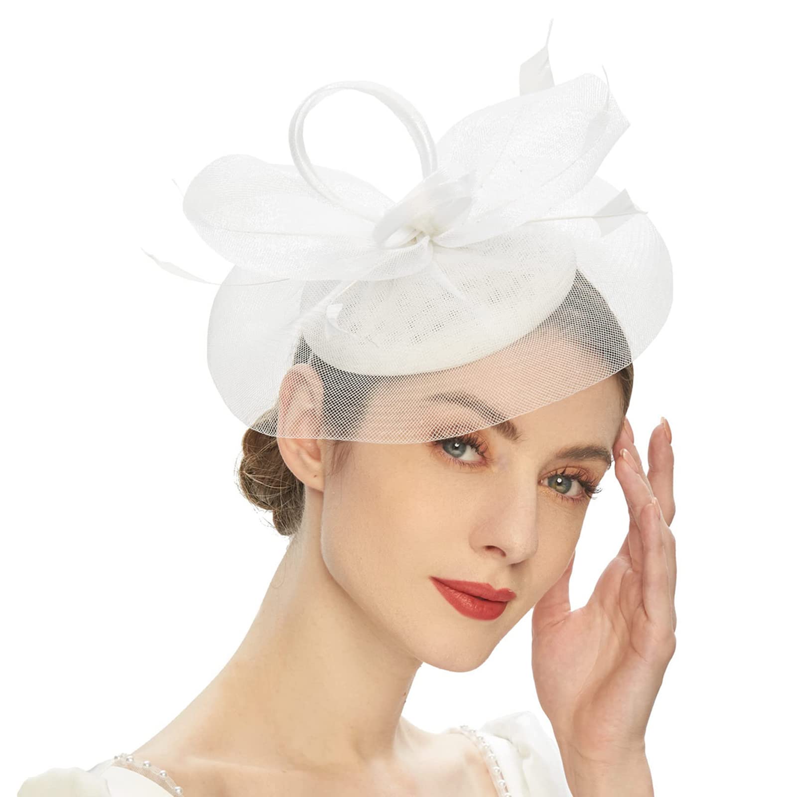 BYUTFA Headgear Elegant Fascinator Hat Pillbox Hat for Women Cocktail Tea Party Headwear Exquisite French Fascinator for Wedding White
