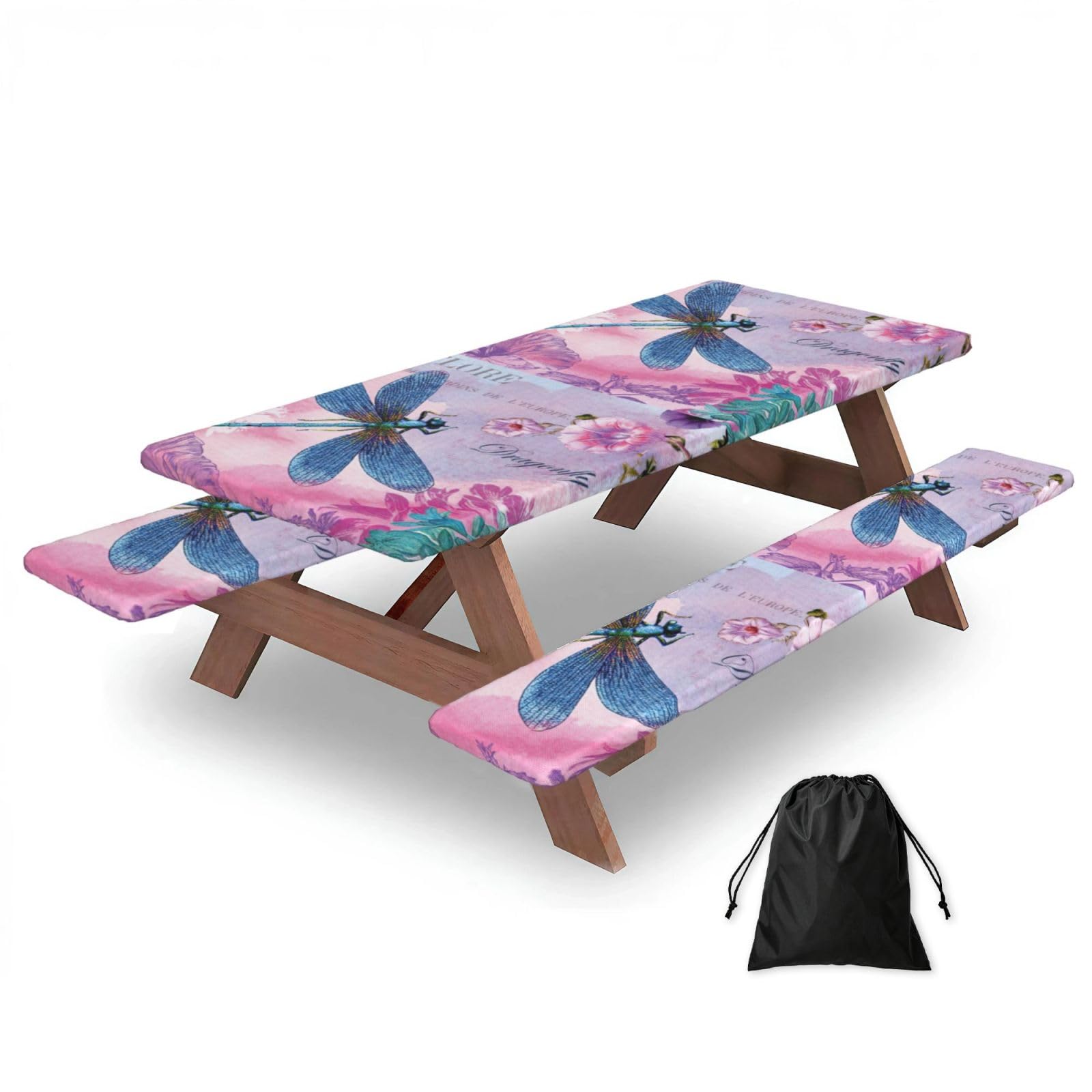 Duwaa Black Pink Flower And Blue Dragonfly Print 183Cm Picnic Table Cover With Bench Covers, Waterproof Elastic Tablecloth Set For Outdoor