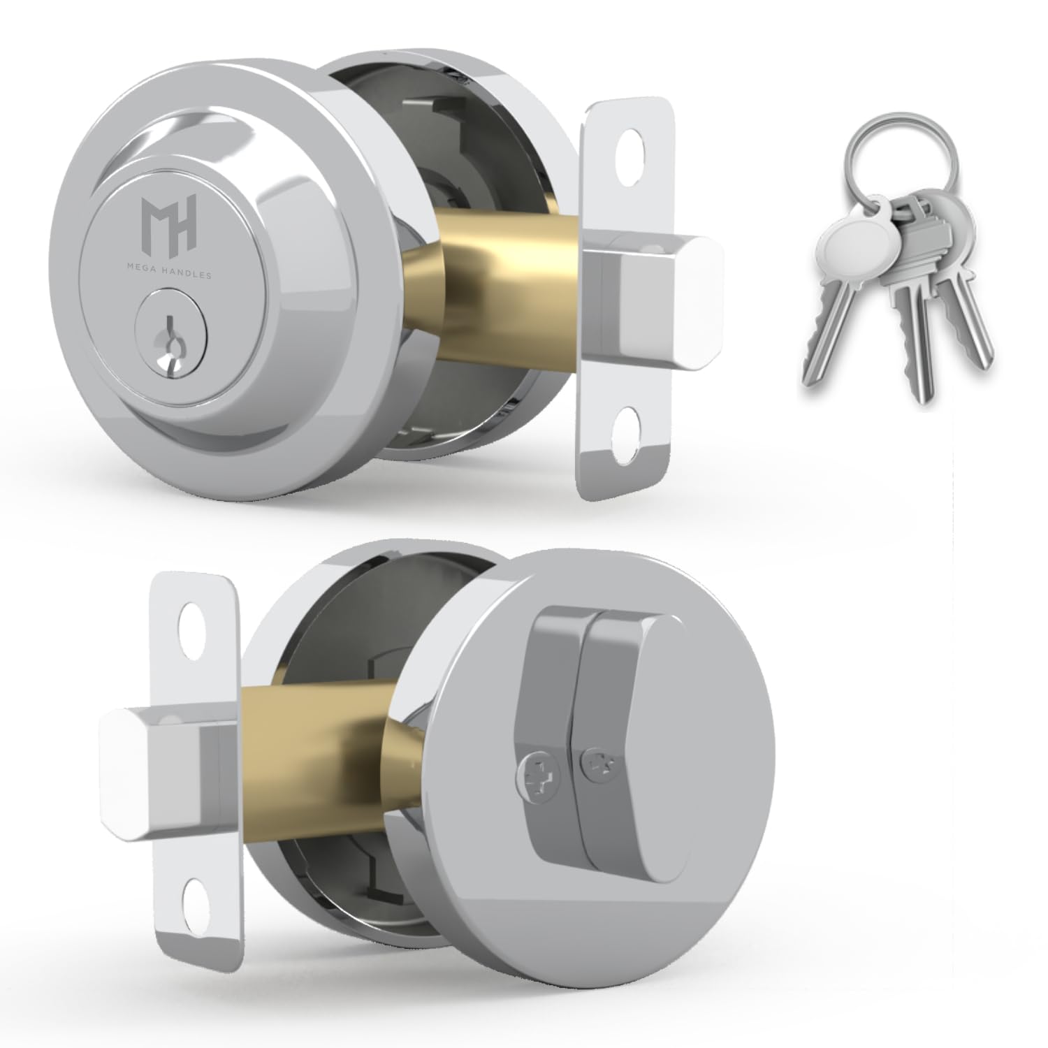 Mega Handles - Buena Deadbolt I - Cerrojo de seguridad de entrada - Cerrojo redondo resistente para puertas zurdas o diestras - Interior/Exterior - Cromo pulido