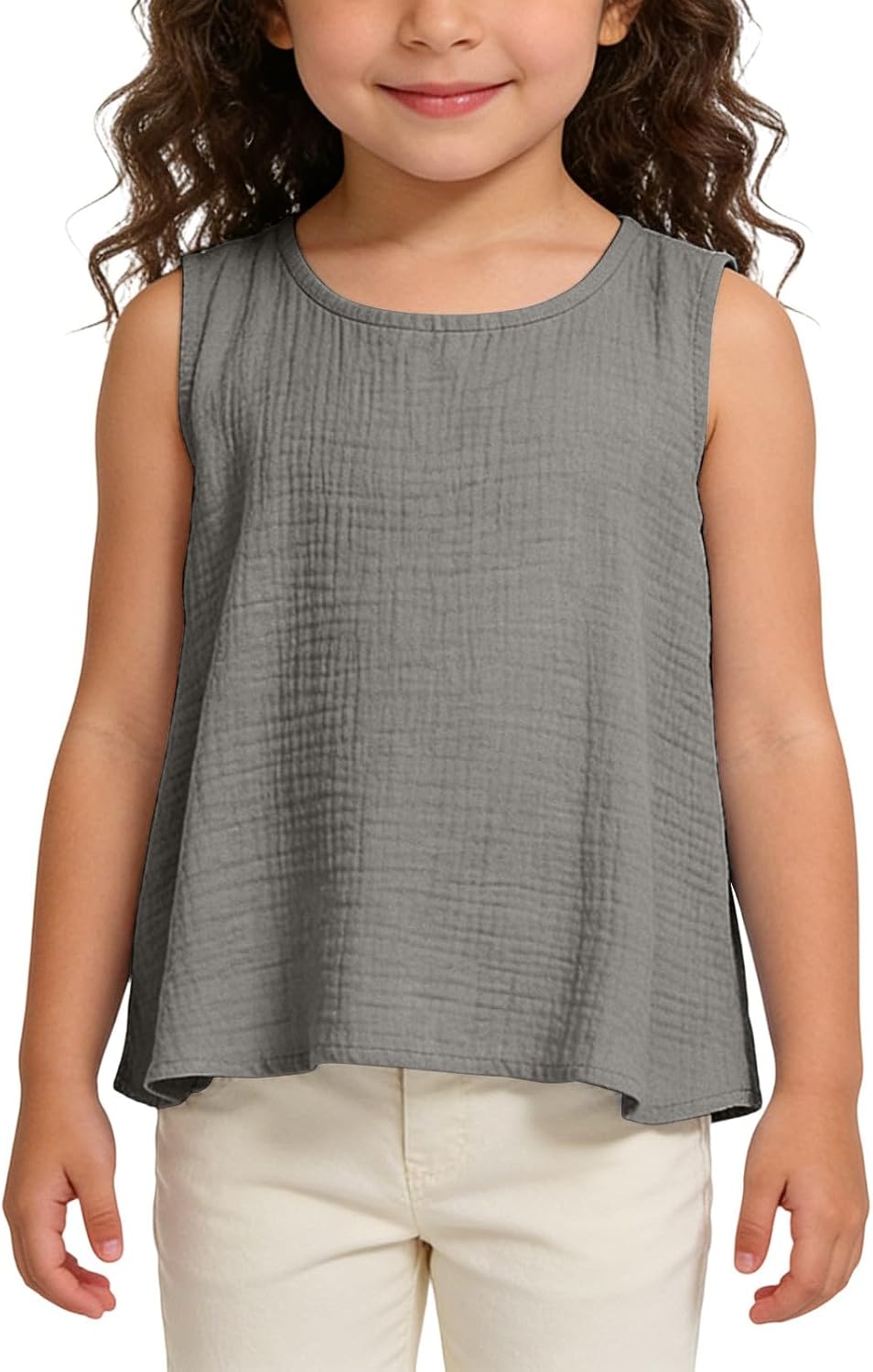 Girls Tank Tops Summer Crew Neck Sleeveless Shirts Loose Double Pleated Solid Oversized Basic Athletic Dance Tops Teen
