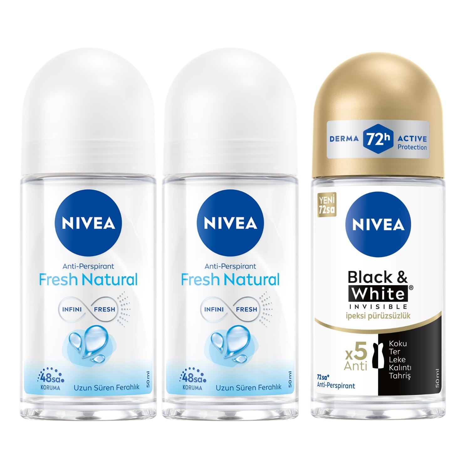 NIVEA Kadın Roll On Deodorant Fresh Natural 48 Saat Anti-Perspirant Koruma (50 ml) X2 + NIVEA Kadın Roll On Deodorant Black&White Invisible İpeksi Pürüzsüzlük 48 Saat Anti-perspirant Koruma 50ml