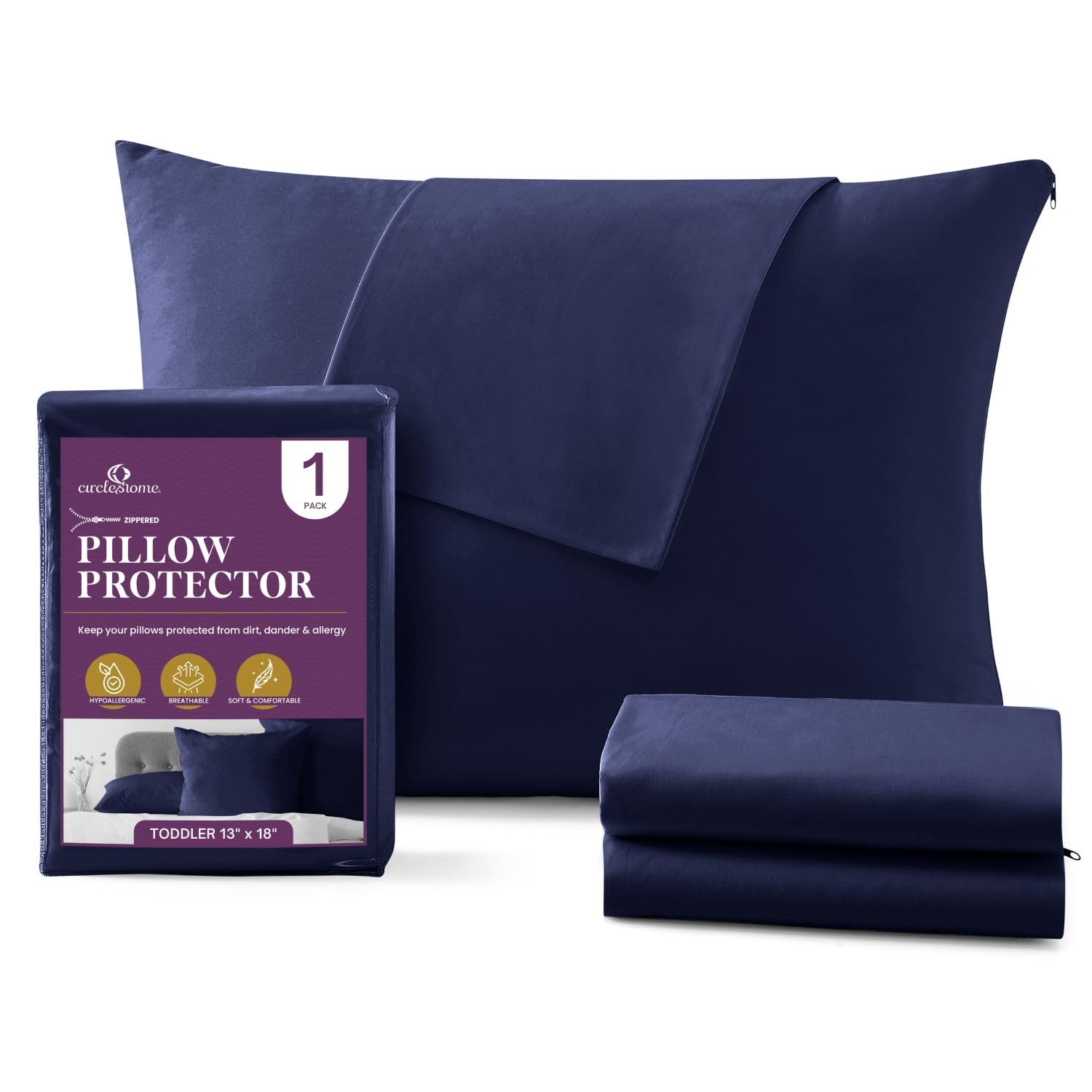 CirclesHome Toddler Pillow Protector with Zipper, 100% Cotton, 13x18, Navy
