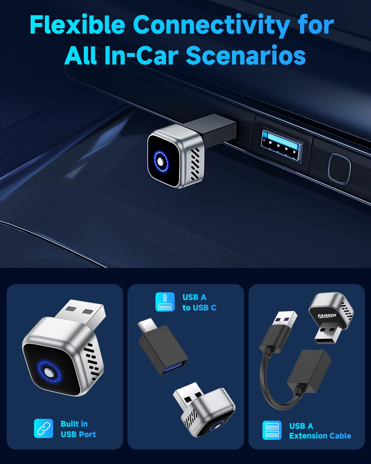 Ultra Mini Android Auto & CarPlay Wireless Adapter, One-Click Switch, 3s Auto Reconnect,Latest A9 Chip 5.8GHZ WiFi, 5.4 Bluetooth, USB-C/USB-A/Extension Cable, Compatible with iOS10+, Android 10+ - 3