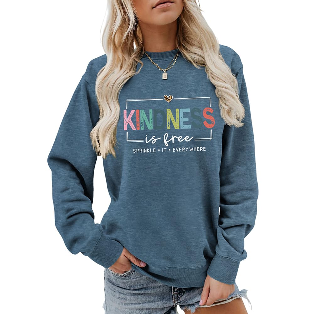 Mlzhan Women's Blue 2 Kindness Is Free Sweatshirt Be Kind Teacher Teach Inspirational Sayings Tops Pullover Crewneck Shirt (,M)