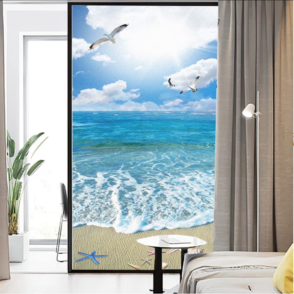 Lumanduo Window Film Privacy Static ClingSeaside Beach View Decorative Vinyl Non Adhesive Privacy Film Stained Glass Sticker for Bathroom Glass Door Window Tint 17.7"x70.9"(45x180cm)