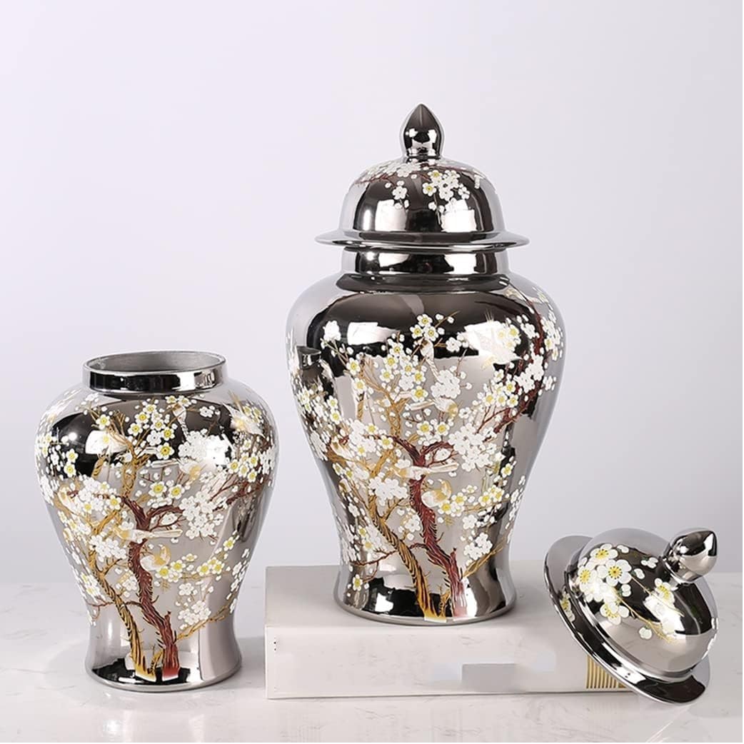 Food Storage Jar,Decorative Jar Ginger Jar Vase Decor Ceramic Silver Ginger Jar with Lid Handed Tree Decorative Porcelain Jars Temple Jar with Lids Ginger Jars Storage,A-23.5 * 47Cm