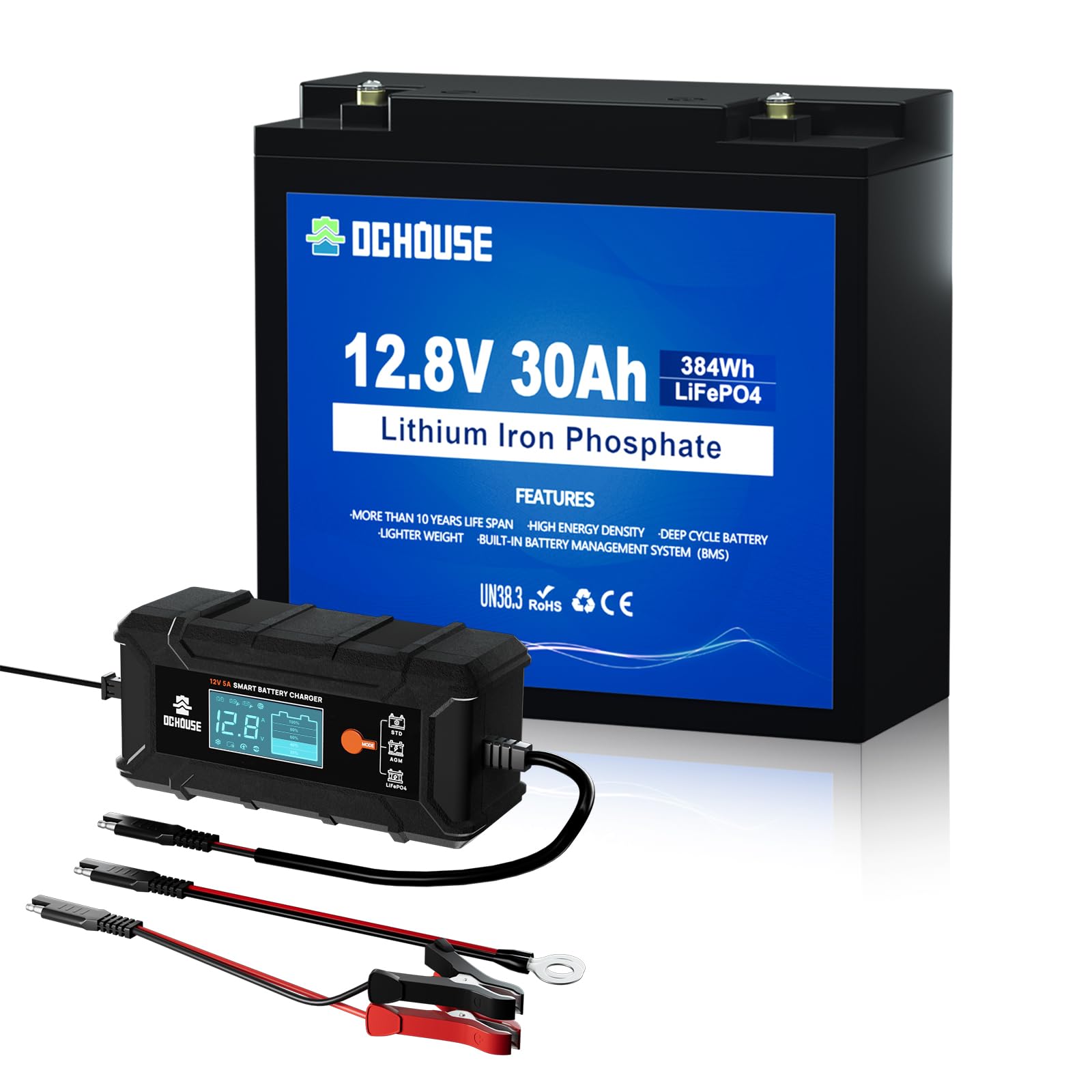 DCHOUSE 12V 30Ah Mini Batterie au lithiumavec Chargeur pour Batterie LiFePo4 12V 5A, Max 15000 Cycles et Protection BMS 30A, idéale pour Les sondeurs de pêche, Les Moteurs de traîne, etc
